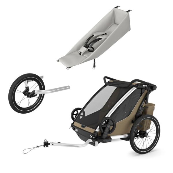 Pack remorque Chariot Cross 2 Faded khaki + Assise pour nouveau-né Infant Sling + Kit jogging