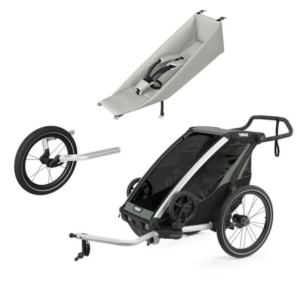 Pack remorque vélo Chariot Lite 1 Agave + Assise pour nouveau-né Infant Sling + Kit jogging