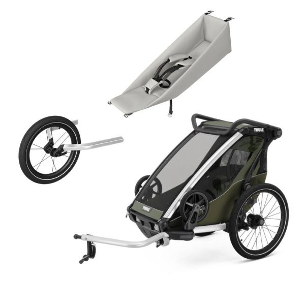 Pack remorque vélo Chariot Lite 1 place Vintage green + Assise pour nouveau-né Infant sling + Kit jogging