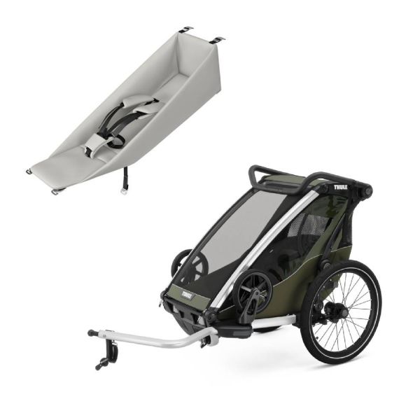 Pack remorque vélo Chariot Lite 1 place Vintage green + Assise pour nouveau-né Infant sling