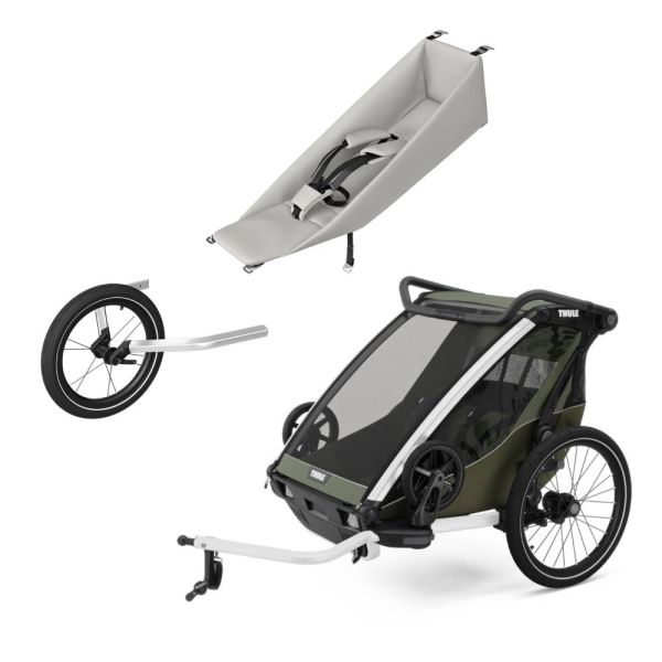 Pack remorque vélo Chariot Lite 2 places Vintage green + Assise pour nouveau-né Infant sling + Kit jogging