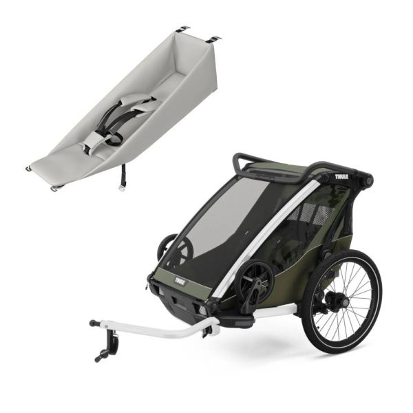Pack remorque vélo Chariot Lite 2 places Vintage green + Assise pour nouveau-né Infant sling