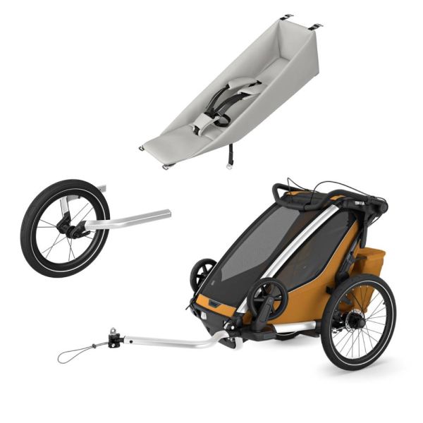Pack remorque vélo Chariot Sport 1 Natural gold + Assise pour nouveau-né Infant Sling + Kit jogging