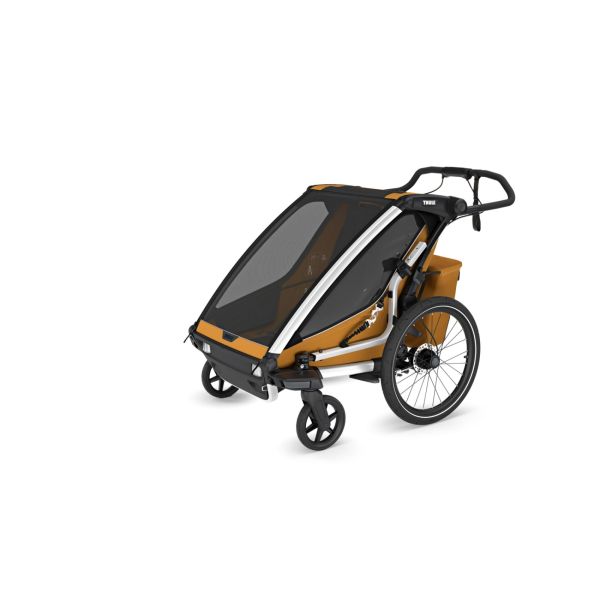 Pack remorque vélo Chariot Sport 2 Natural gold + Assise pour nouveau-né Infant Sling + Kit jogging