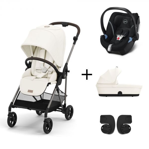 Pack Trio poussette Melio 3 - châssis taupe + Nacelle Melio 3 +  Aton 5 + adaptateurs - Cotton white