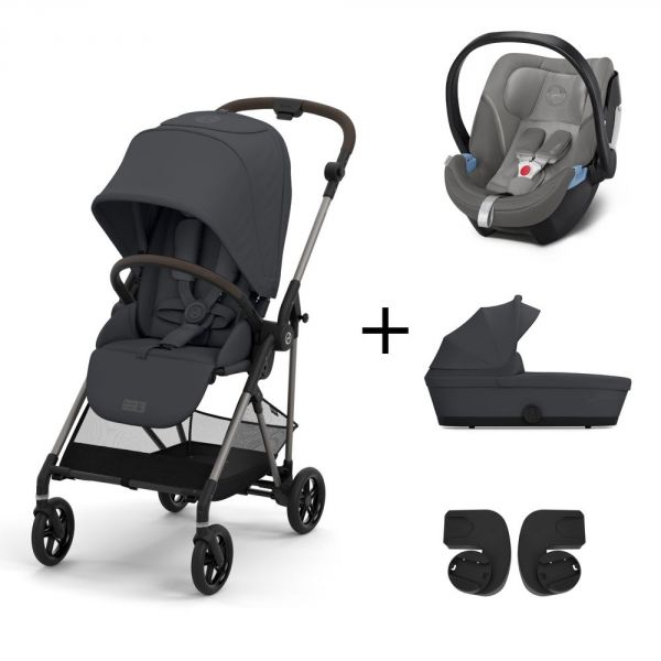 Pack Trio poussette Melio 3 - châssis taupe + Nacelle Melio 3 +  Aton 5 + adaptateurs - Monument Grey