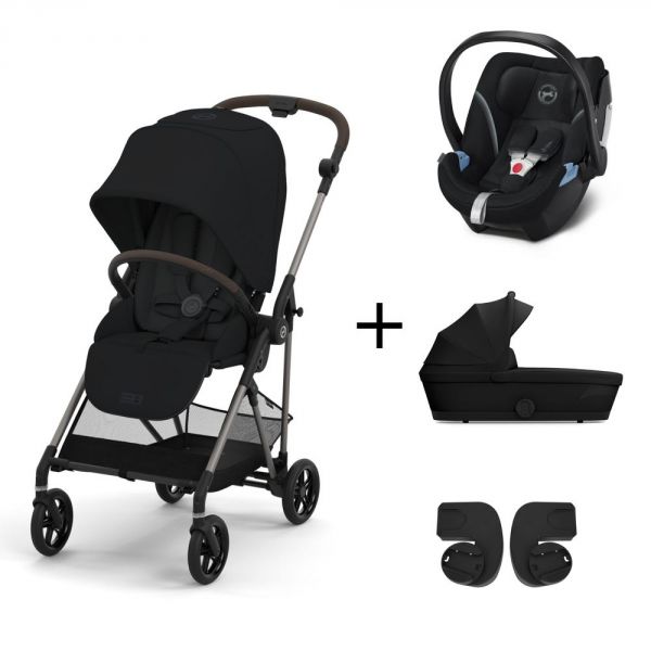Pack Trio poussette Melio 3 - châssis taupe + Nacelle Melio 3 + Aton 5 + adaptateurs - Moon Black