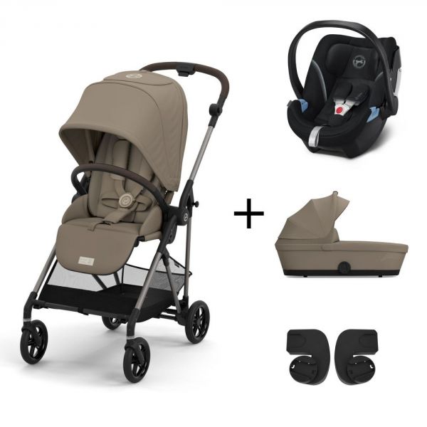 Pack Trio poussette Melio 3 - châssis taupe + Nacelle Melio 3 + Aton 5 + adaptateurs - Seashell Beige