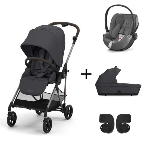 Pack Trio poussette Melio 3 - châssis taupe + Nacelle Melio 3 + Cloud Z2 + adaptateurs - Monument Grey