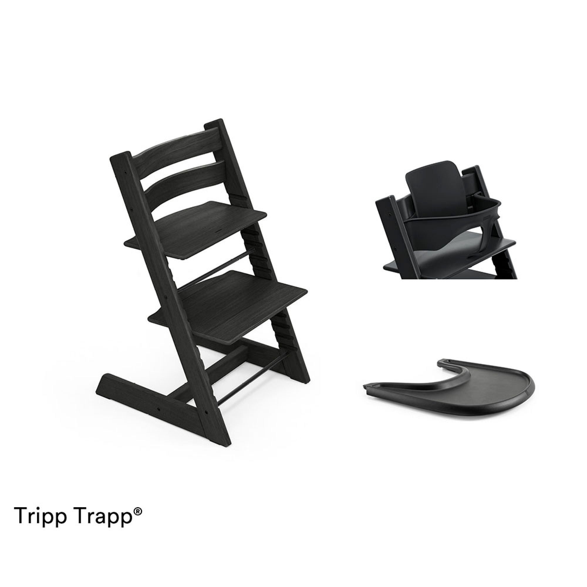 Chaise tripp trapp chêne noir avec baby set et tablette Stokke