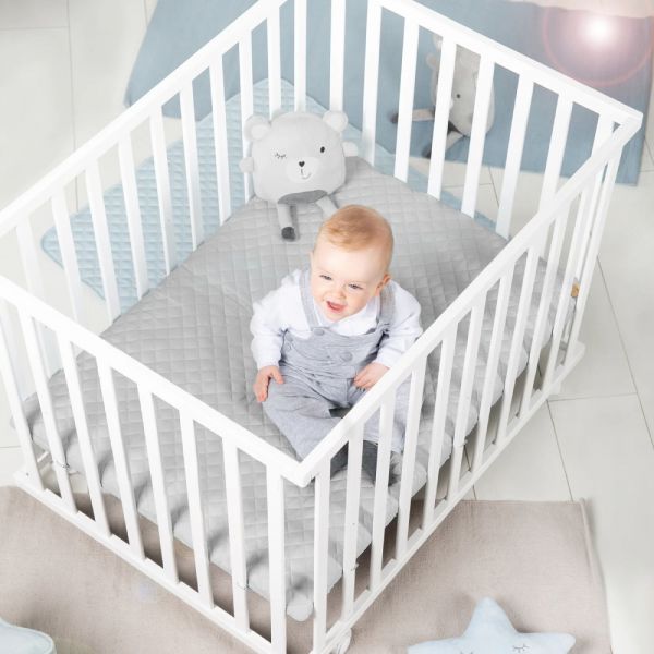 Parc bébé 75 x 100 cm bois blanc et tapis de parc gris