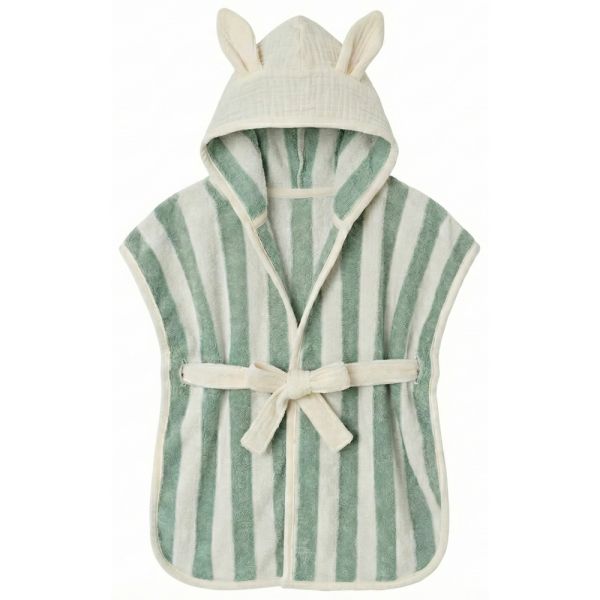 Peignoir bambou et gaze de coton rayée ivoire/ vert de gris 2/4ans