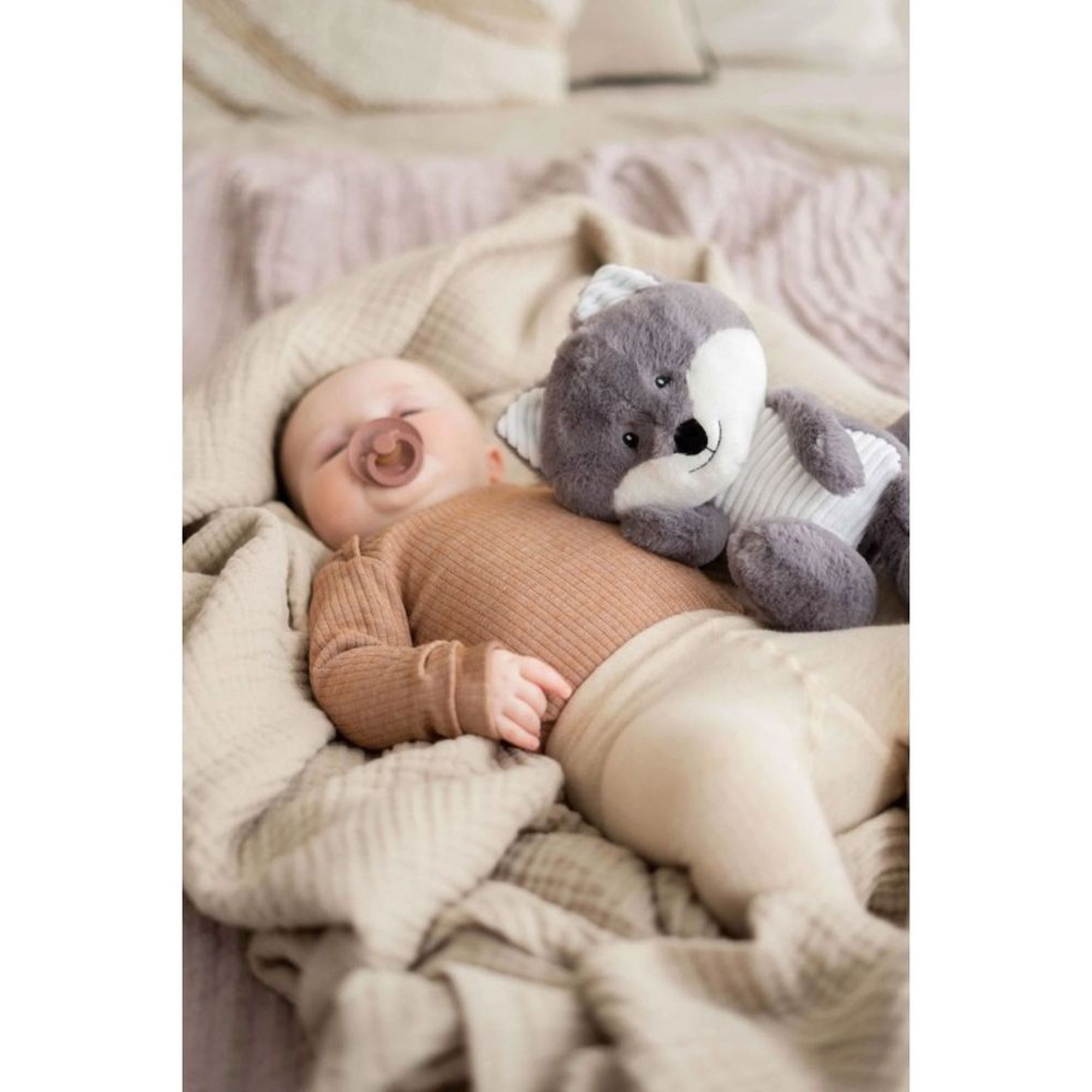 Peluche douce bruit blanc Renard Robin Gris - Made in Bébé