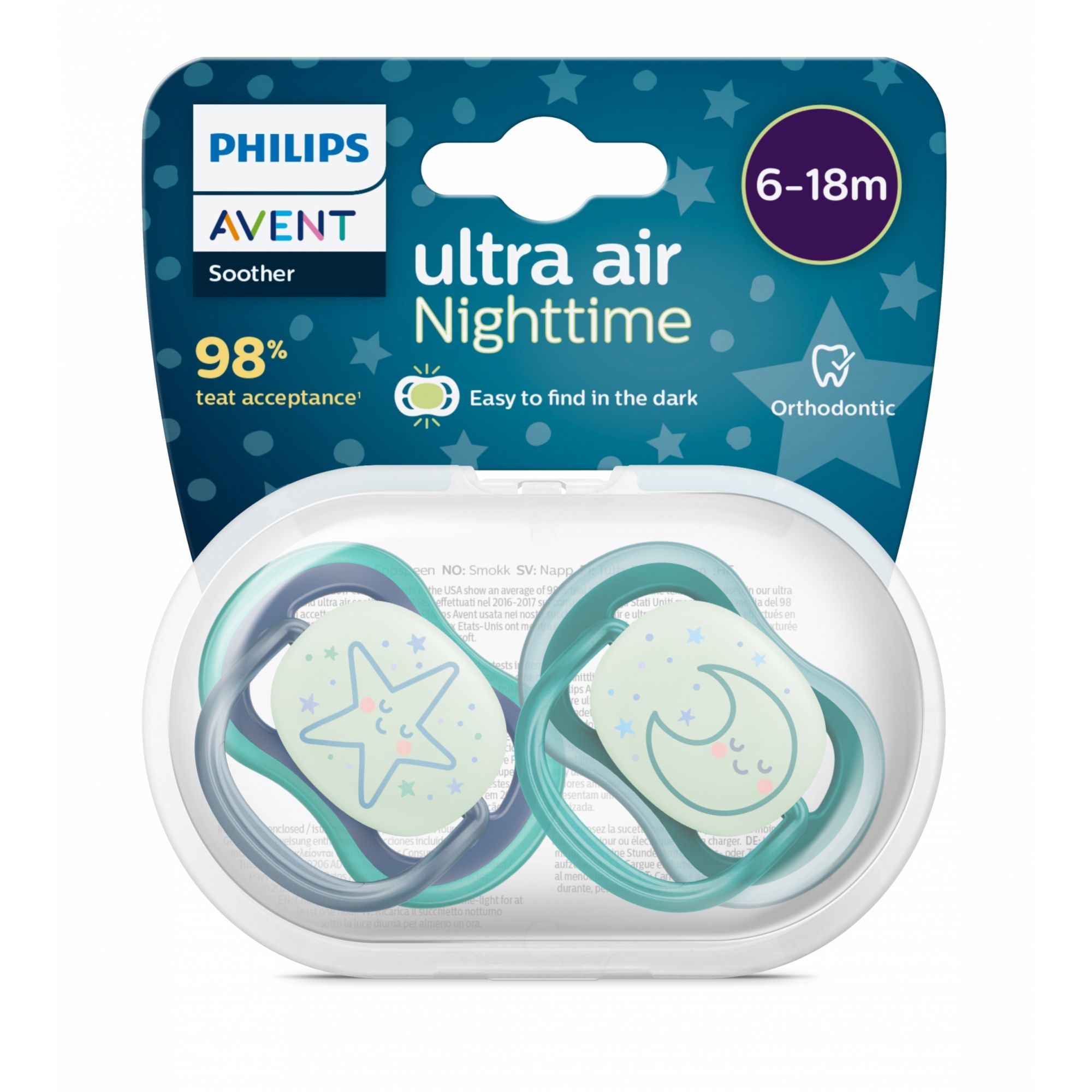 AVENT SUCETTES DE NUIT-SILICONE 6-18 MOIS lot de 2