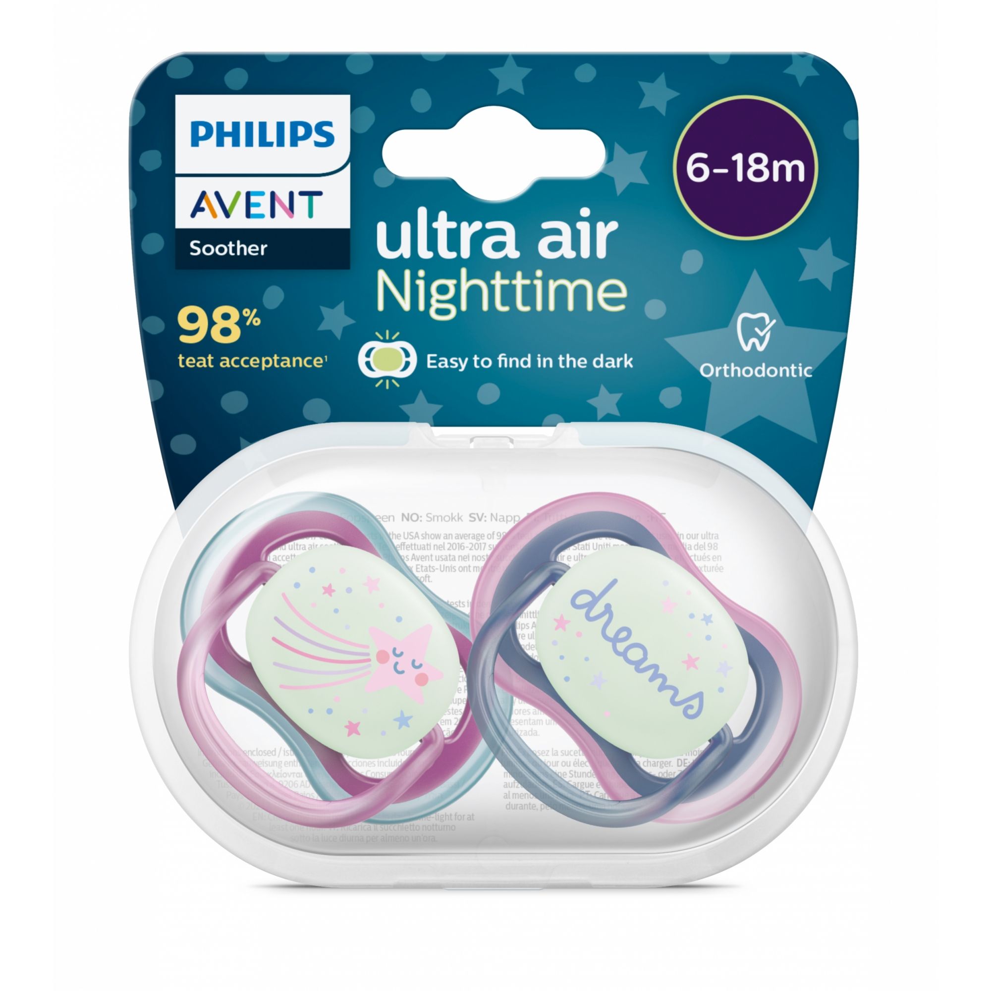 Philips Avent SCF376/18 - Sucette Ultra Air Nuit - 0 à 6 Mois - Lot de 2