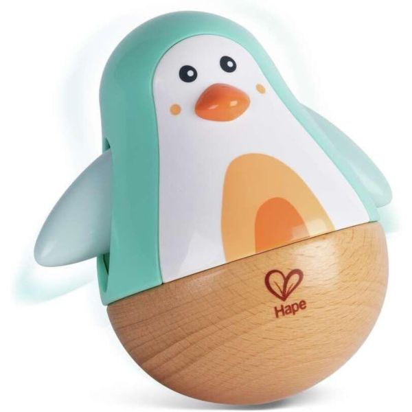 Pingouin culbuto turquoise en bois