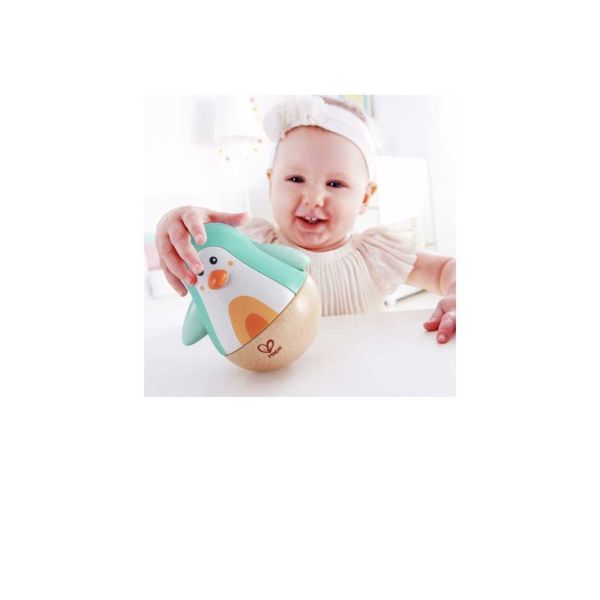 Pingouin culbuto turquoise en bois