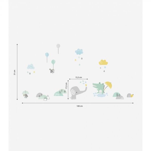 Planche de stickers 29.7 x 42 cm - Animaux, nuages et gouttes