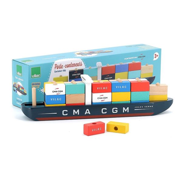 Jouet en bois pour enfant Bateau porte-conteneurs Jules Verne