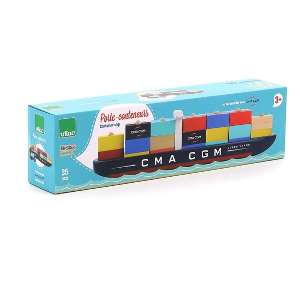Jouet en bois pour enfant Bateau porte-conteneurs Jules Verne