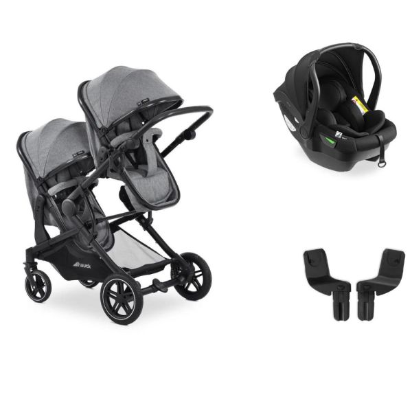 Pack Duo Poussette Double Atlantic Jumeaux Grey+ 1 Siège auto Drive N Care avec adaptateurs