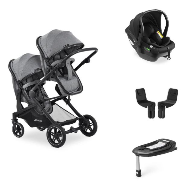 Pack Duo Poussette Double Atlantic Jumeaux Grey+ 1 Siège auto Drive N Care avec adaptateurs + Base Drive