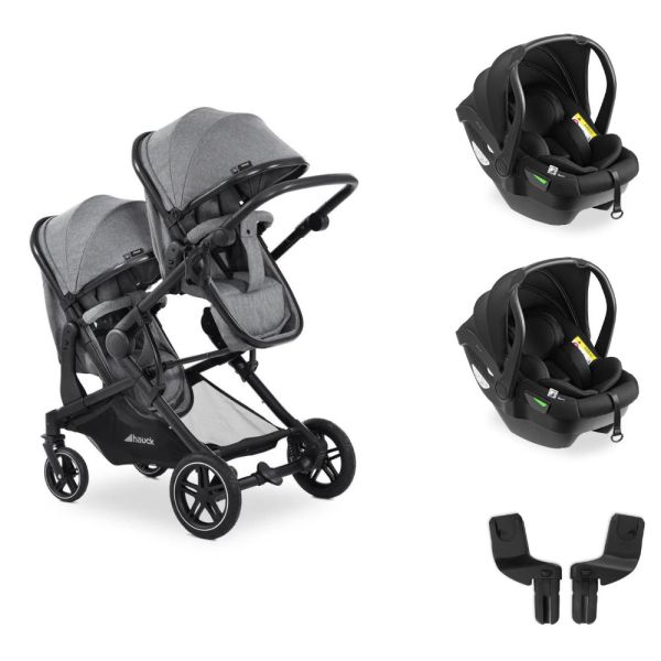 Pack Duo Poussette Double Atlantic Jumeaux Grey+ 2 Sièges auto Drive N Care avec adaptateurs + Base Drive