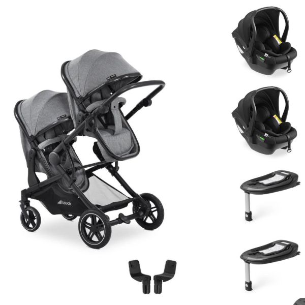 Pack Duo Poussette Double Atlantic Jumeaux Grey+ 2 Sièges auto Drive N Care avec adaptateurs + 2 Bases Drive