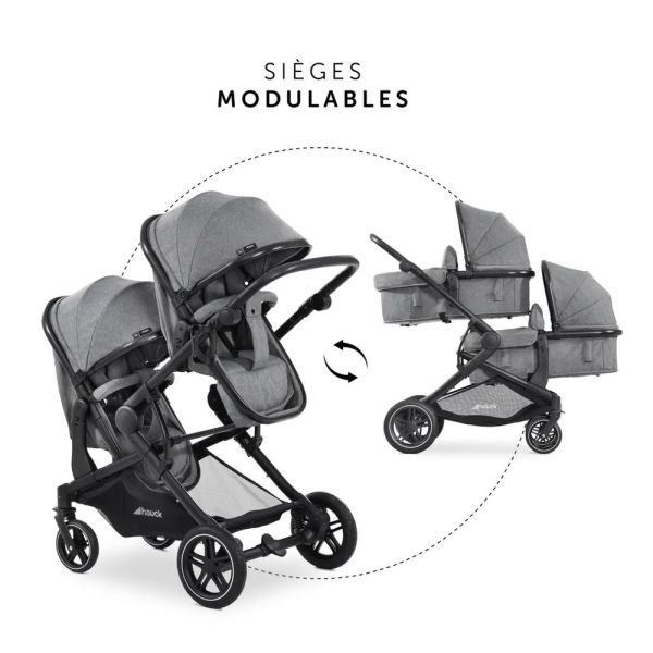 Pack Duo Poussette Double Atlantic Jumeaux Grey+ 2 Sièges auto Drive N Care avec adaptateurs + 2 Bases Drive