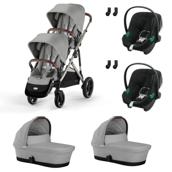 Poussette jumeaux Gazelle S Stone Grey + 2 Sièges auto Aton B2 i-Size + 2 Nacelles S