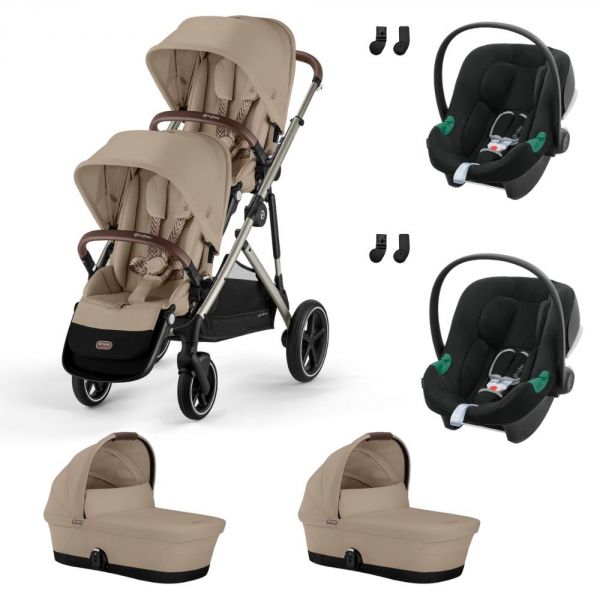 Poussette jumeaux Gazelle S Almond Beige + 2 Sièges auto Aton B2 i-Size + 2 Nacelles S
