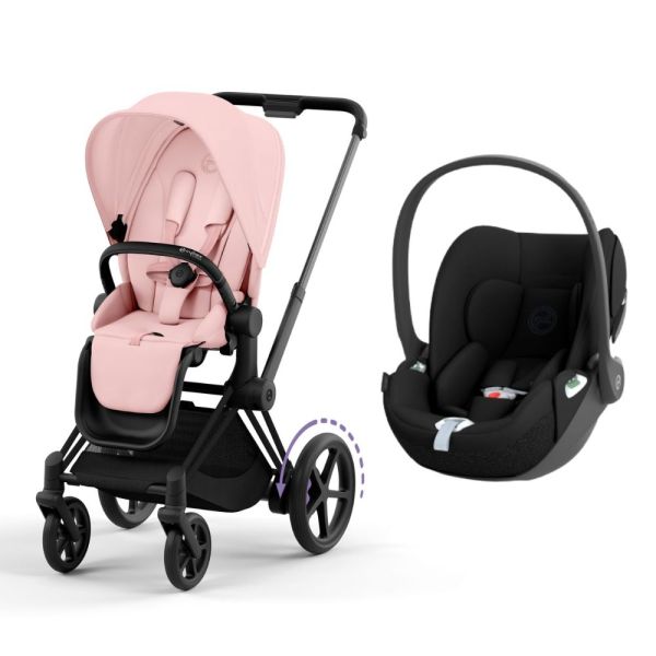 Poussette duo E-Priam 2 Matt Black Habillage Peach Pink + Siège auto Cloud T i-Size