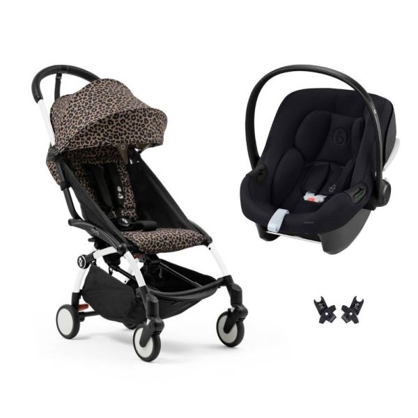 Poussette duo YOYO 3 pack 6+ et siège auto Aton B2 Black - Chassis blanc - Leopard