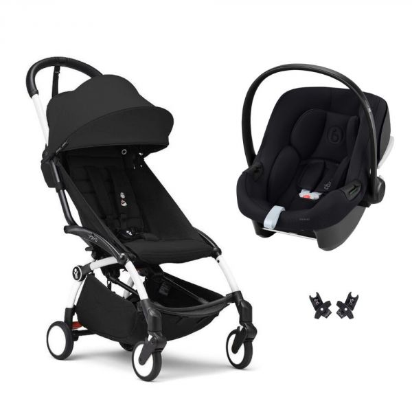 Poussette duo YOYO 3 pack 6+ et siège auto Aton B2 Black - Chassis blanc - Noir