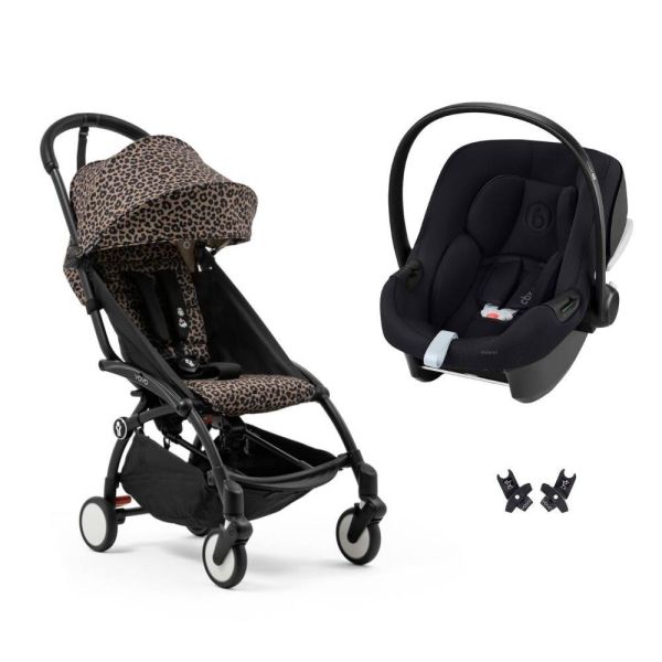 Poussette duo YOYO 3 pack 6+ et siège auto Aton B2 Black - Chassis noir - Leopard