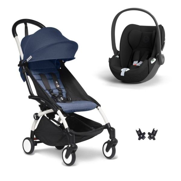 Poussette duo YOYO 3 pack 6+ et siège auto Cloud T - Chassis blanc - Bleu Air France