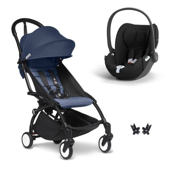 Poussette duo YOYO 3 pack 6+ et siège auto Cloud T Black - Chassis noir - Bleu Air France