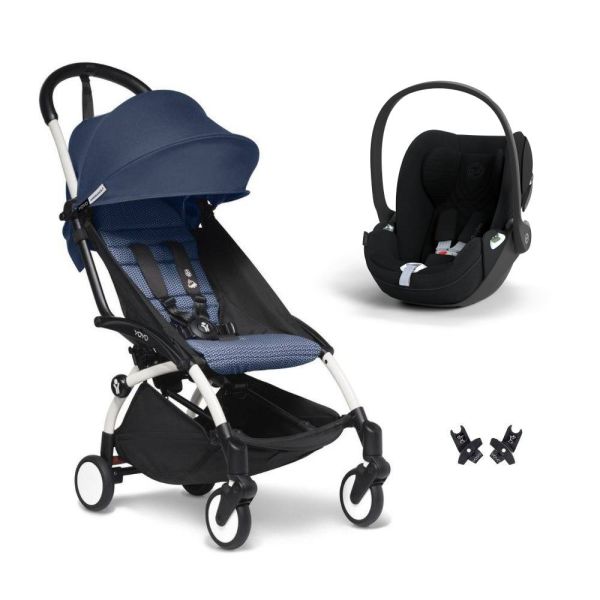 Poussette duo YOYO 3 pack 6+ et siège auto Cloud T plus Black - Chassis blanc - Bleu Air France
