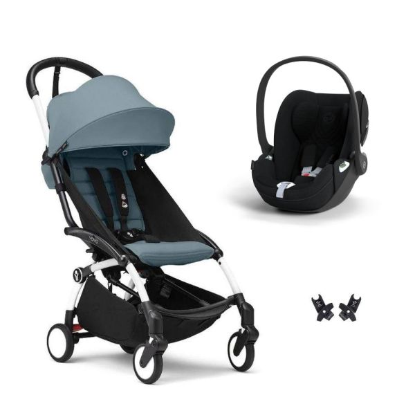 Poussette duo YOYO 3 pack 6+ et siège auto Cloud T plus Black - Chassis blanc - Aqua