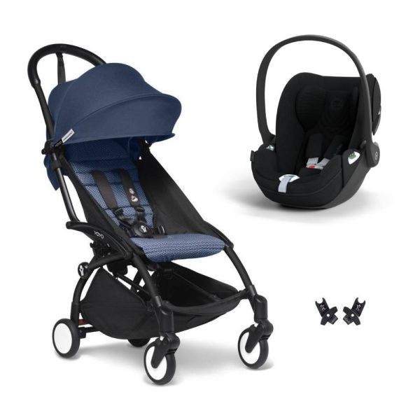 Poussette duo YOYO 3 pack 6+ et siège auto Cloud T plus Black - Chassis noir - Bleu Air France