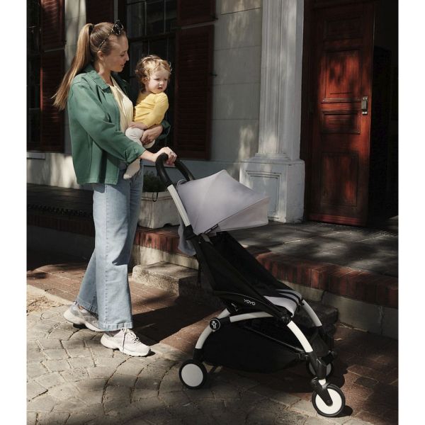 Poussette duo YOYO 3 - Châssis blanc Pack 6+ et nacelle Stone