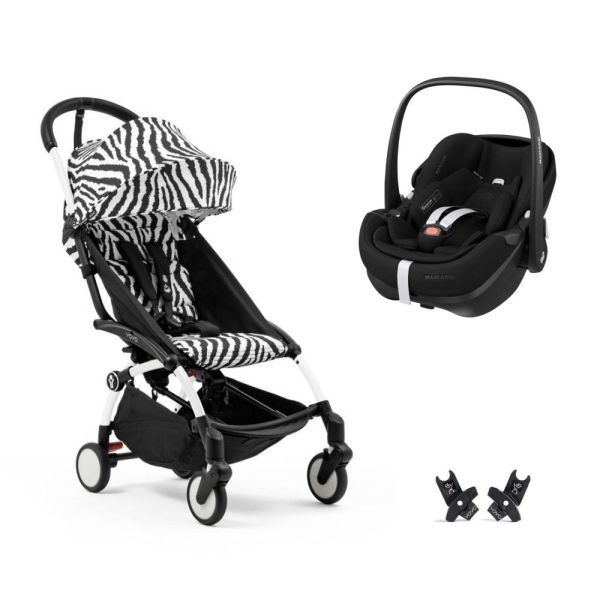Poussette duo YOYO 3 pack 6+ et siège auto Pebble 360 Pro² Black - Chassis blanc - Zebra