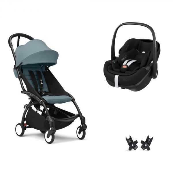 Poussette duo YOYO 3 pack 6+ et siège auto Pebble 360 Pro² - Chassis noir - Aqua