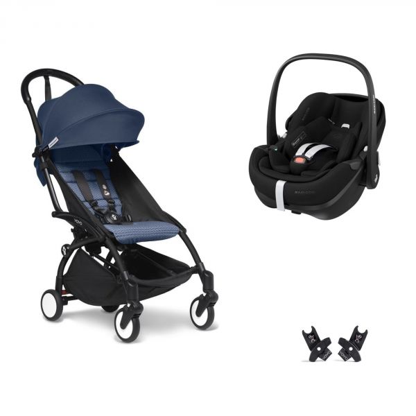 Poussette duo YOYO 3 pack 6+ et siège auto Pebble 360 Pro² - Chassis noir - Bleu Air France