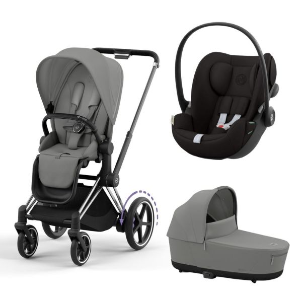 Poussette trio e-Priam 2 Mirage Grey châssis Chrome Black + Cloud G i-Size + Nacelle