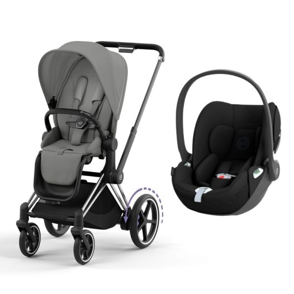 Poussette duo e-Priam 2 Mirage Grey châssis Chrome Black + Cloud T i-Size