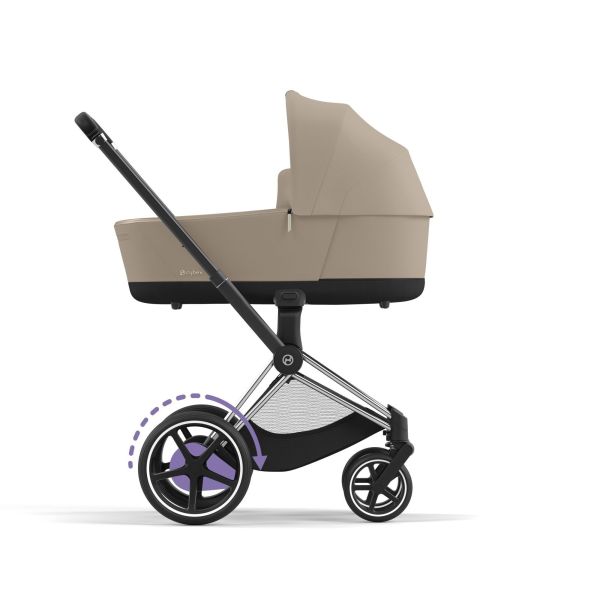 Poussette duo e-Priam 2 Cozy Beige châssis Chrome Black + Nacelle Luxe