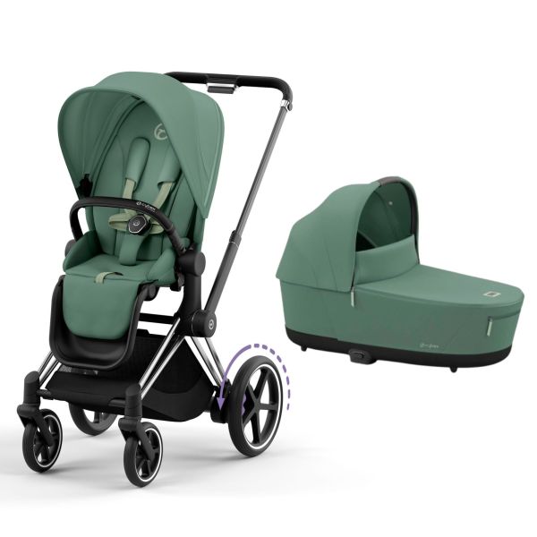Poussette duo e-Priam 2 Leaf Green châssis Chrome Black + Nacelle Luxe