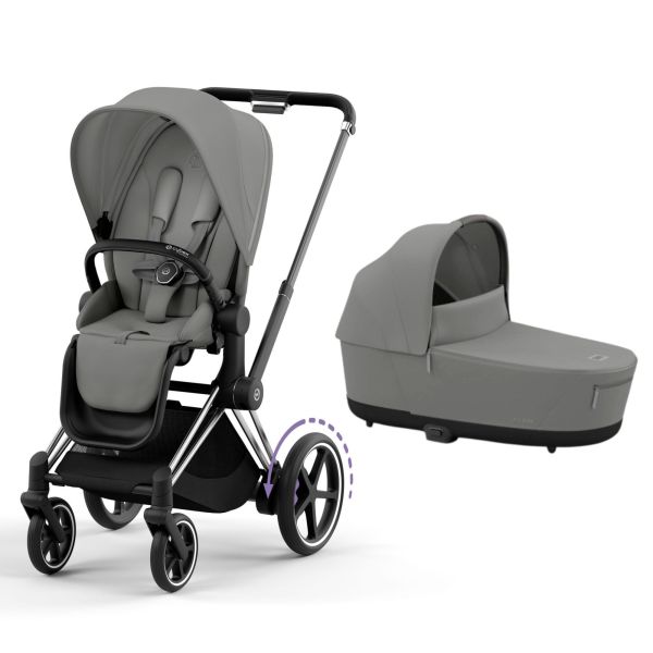 Poussette duo e-Priam 2 Mirage Grey châssis Chrome Black + Nacelle Luxe