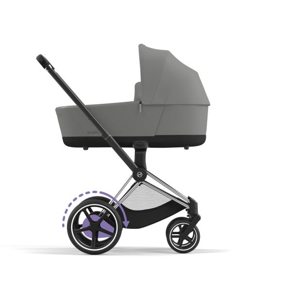 Poussette duo e-Priam 2 Mirage Grey châssis Chrome Black + Nacelle Luxe